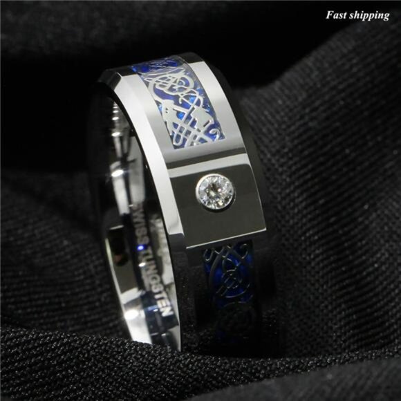 Men's Wedding Band Rings - Silver Celtic Dragon CZ Rings for Men and Women - Picture 7 of 7